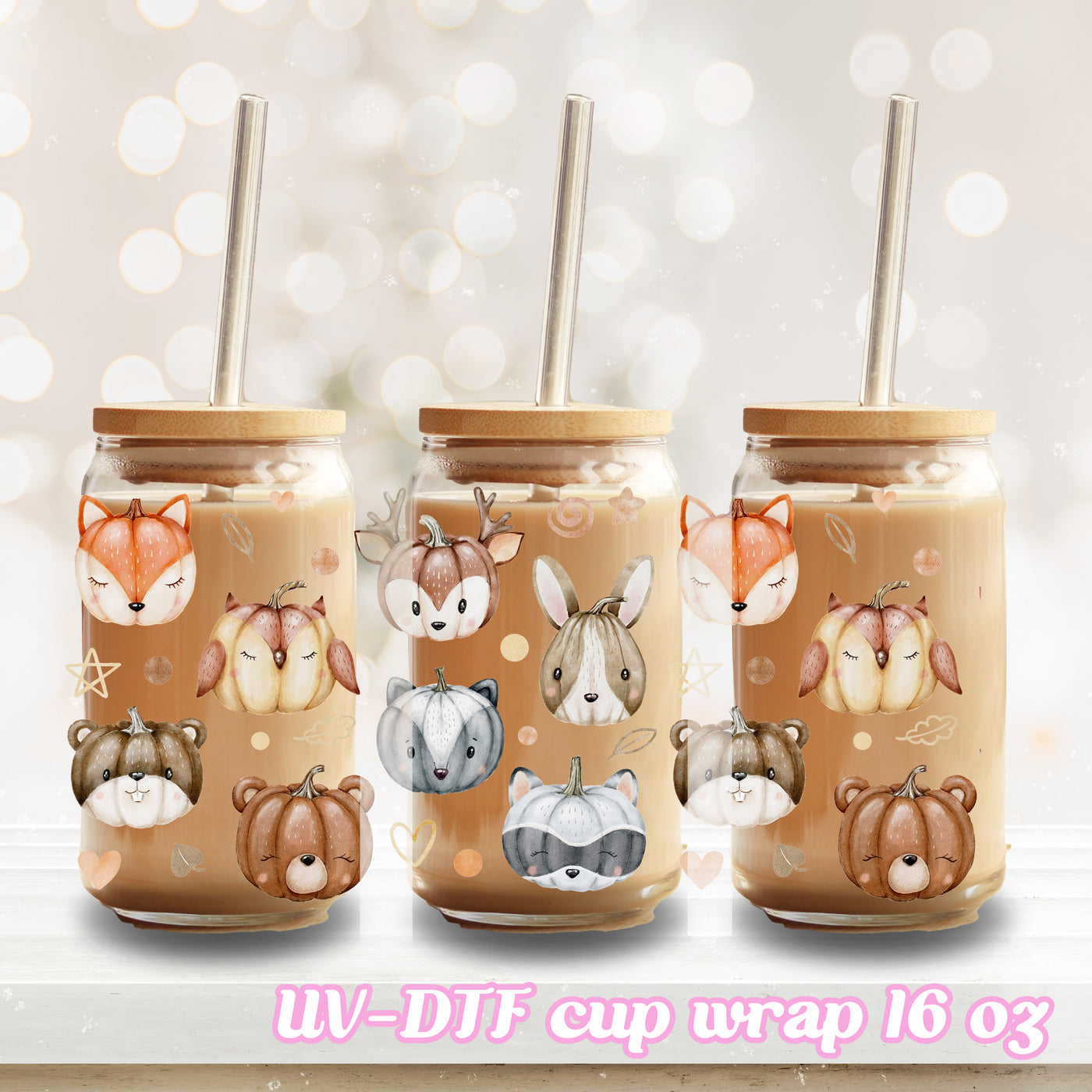 UV DTF - pumpkin animal - 16oz Libbey Glass Cup Wrap Only