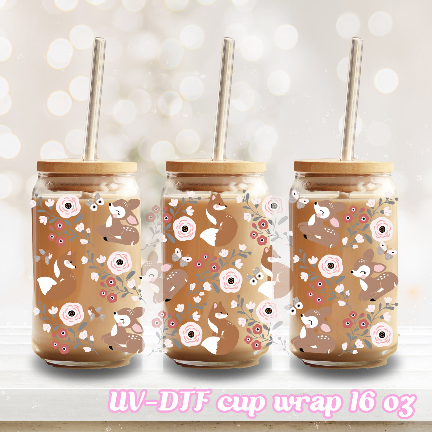 UV DTF - fawn deer flower - 16oz Libbey Glass Cup Wrap Only