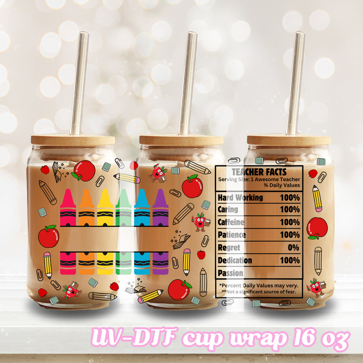 UV DTF - crayon teacher facts - 16oz Libbey Glass Cup Wrap Only