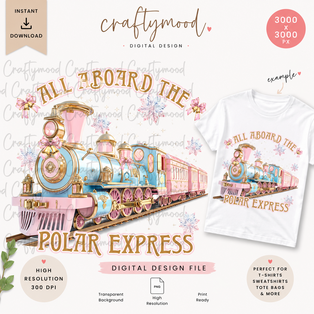 Pink blue Magical Christmas Train PNG - North Pole Holiday Railway - Digital Download