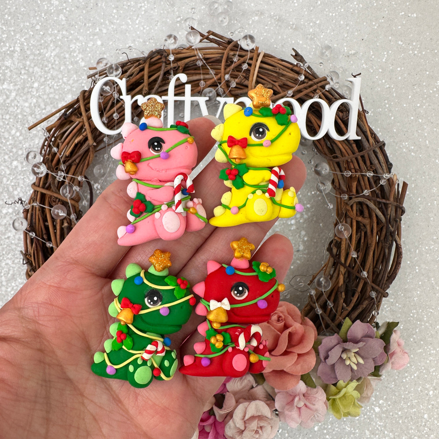 Christmas cute dinosaur - Handmade Flatback Clay Bow Centre