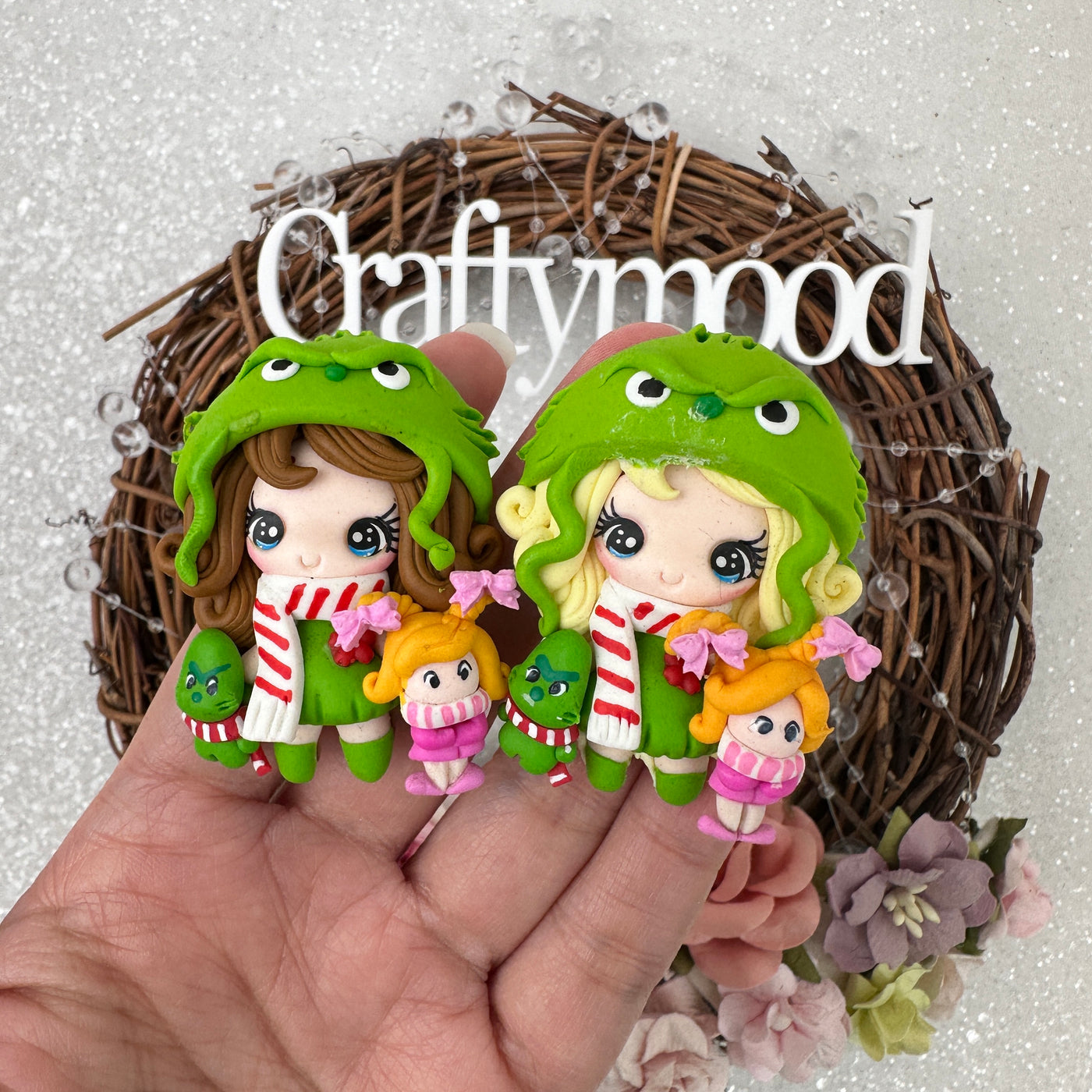 Christmas green monster dressing up girl - Embellishment Clay Bow Centre