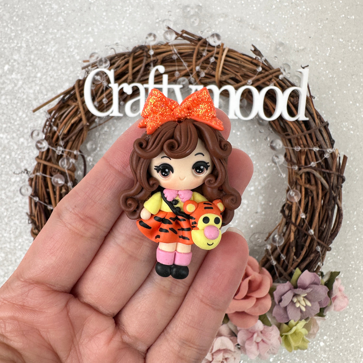 Tiger dressing up cute girl - Handmade Flatback Clay Bow Centre