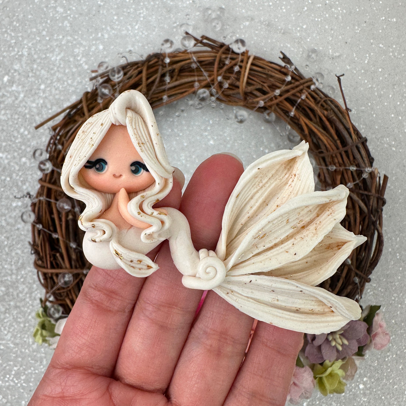 White ivory mermaid girl - Handmade Flatback Clay Bow Centre