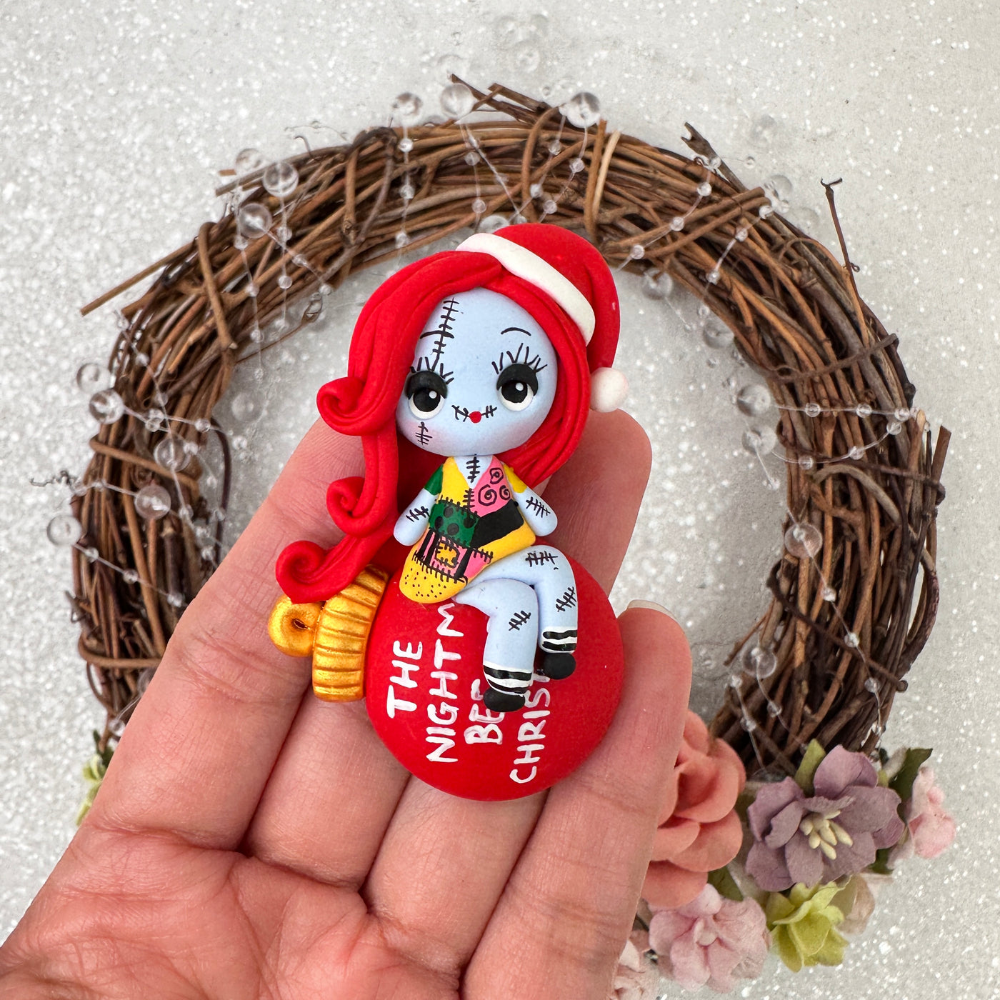 Christmas Halloween skeleton girl red hat - Handmade Flatback Clay Bow Centre