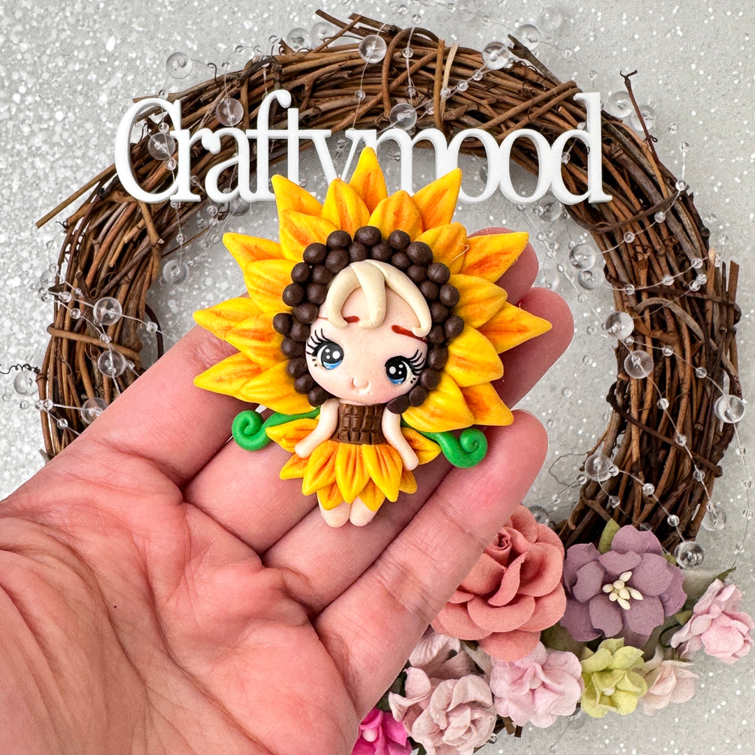 Pretty sunflower fairy girl - Handmade Flatback Clay Bow Centre