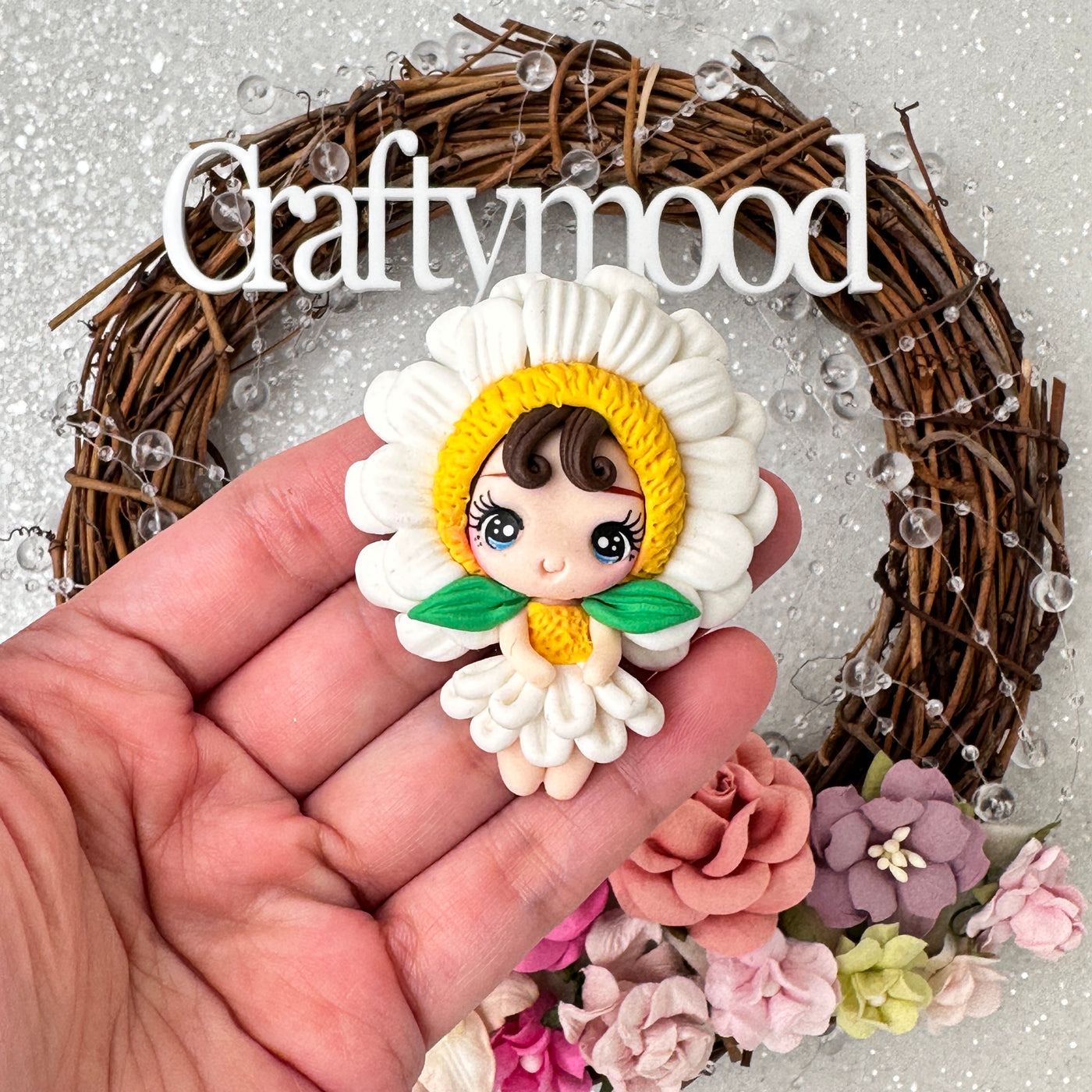 White daisy flower fairy girl - Embellishment Clay Bow Centre