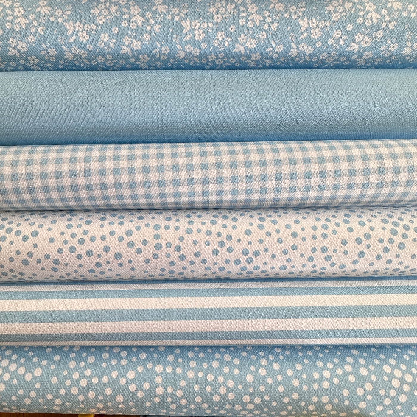 School light blue gingham solid stripe dots flower - faux Pu Leather vinyl - canvas - choose Fabric material Sheets