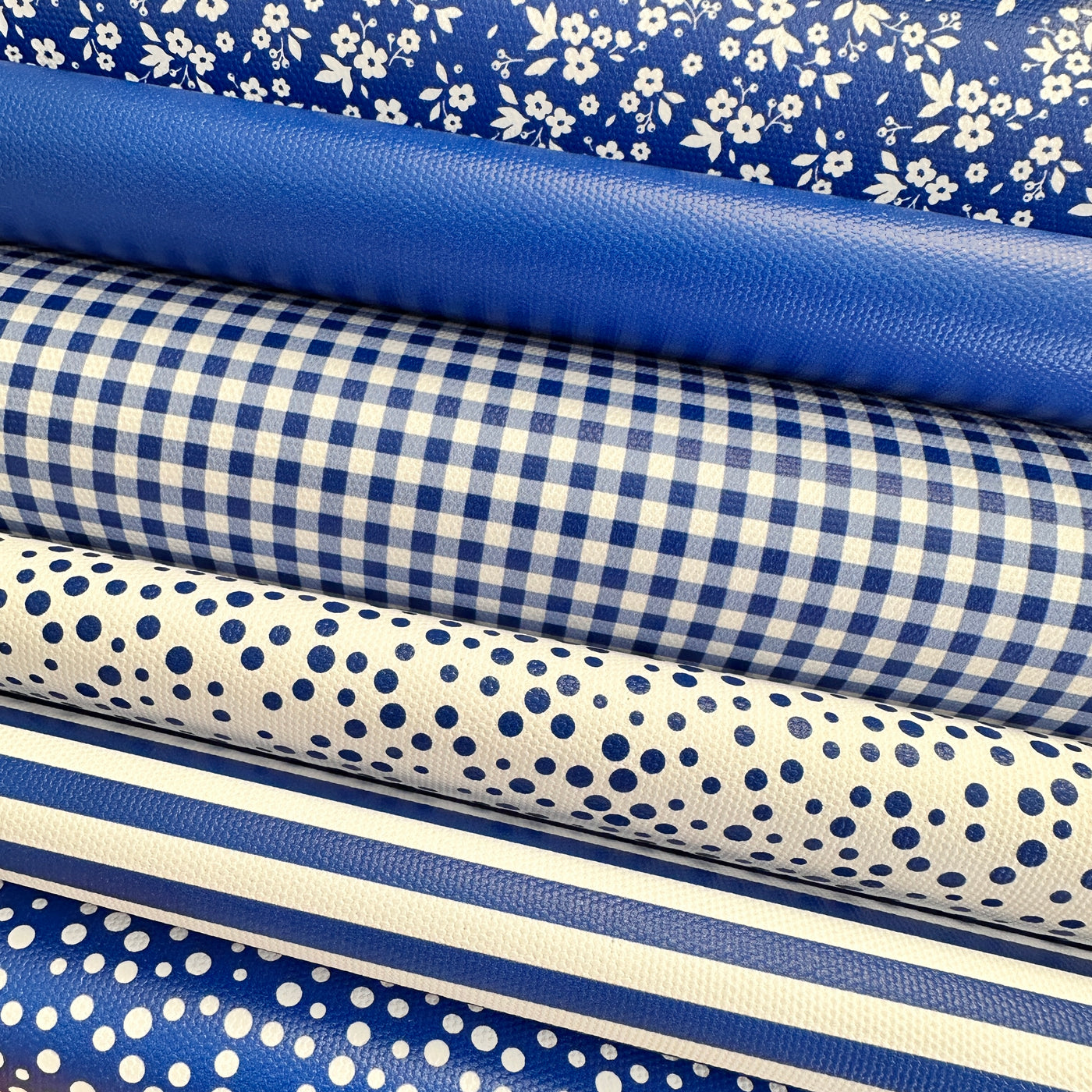 School royal blue gingham solid stripe dots flower - faux Pu Leather vinyl - canvas - choose Fabric material Sheets