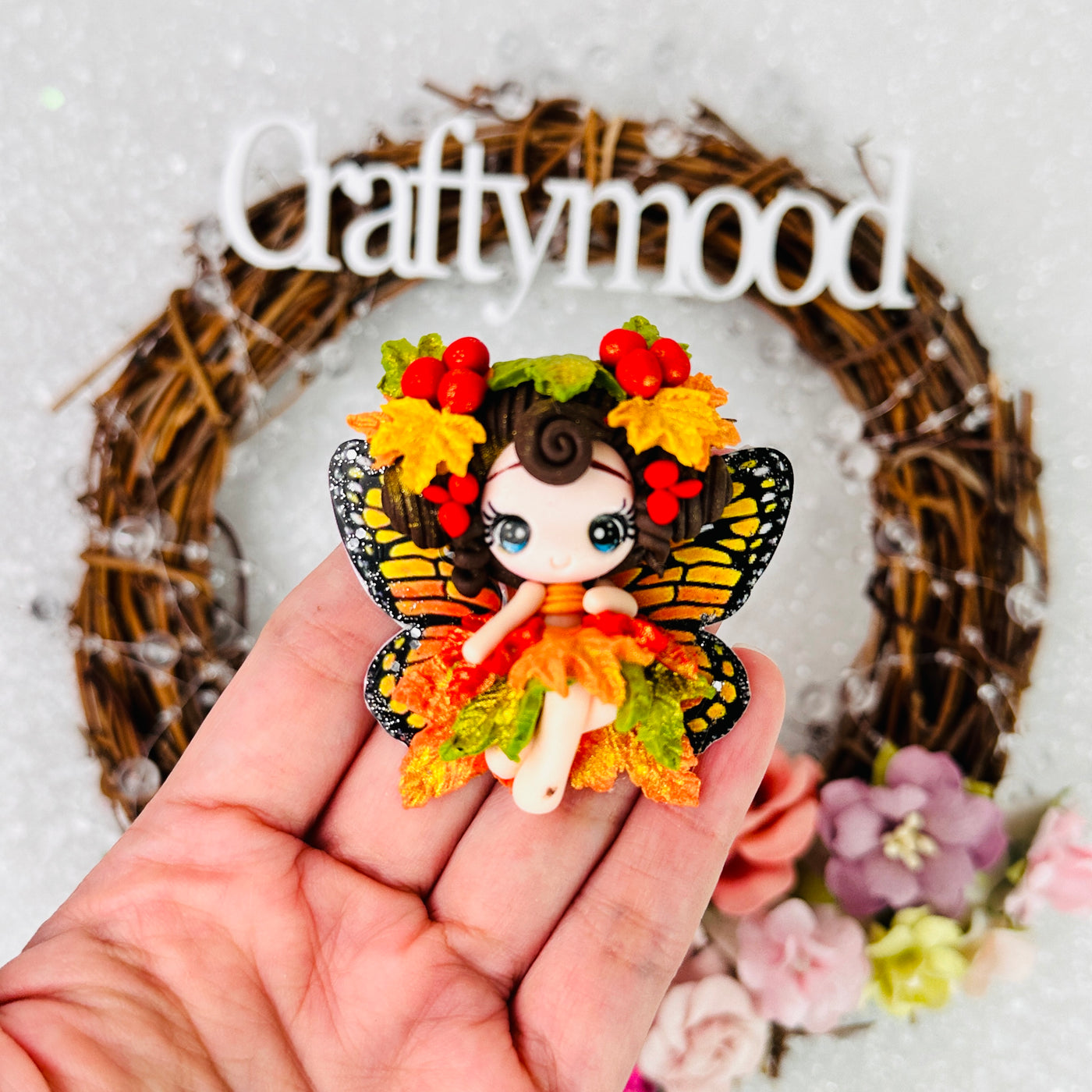 Autumn leaves butterfly fairy - Embellishment Clay Bow Centre