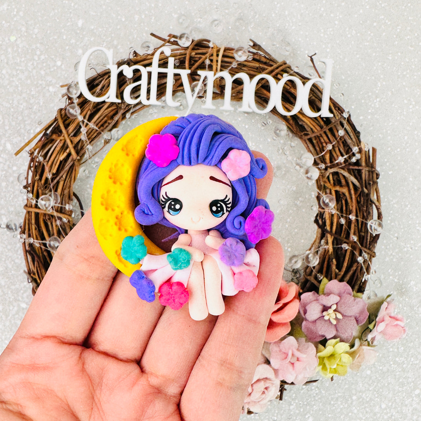 Moon fairy girl - Handmade Flatback Clay Bow Centre