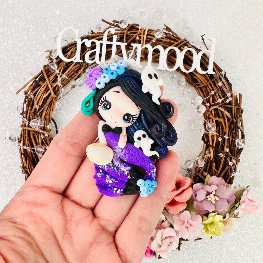 Black hair boo Halloween mermaid - Embellishment Clay Bow Centre