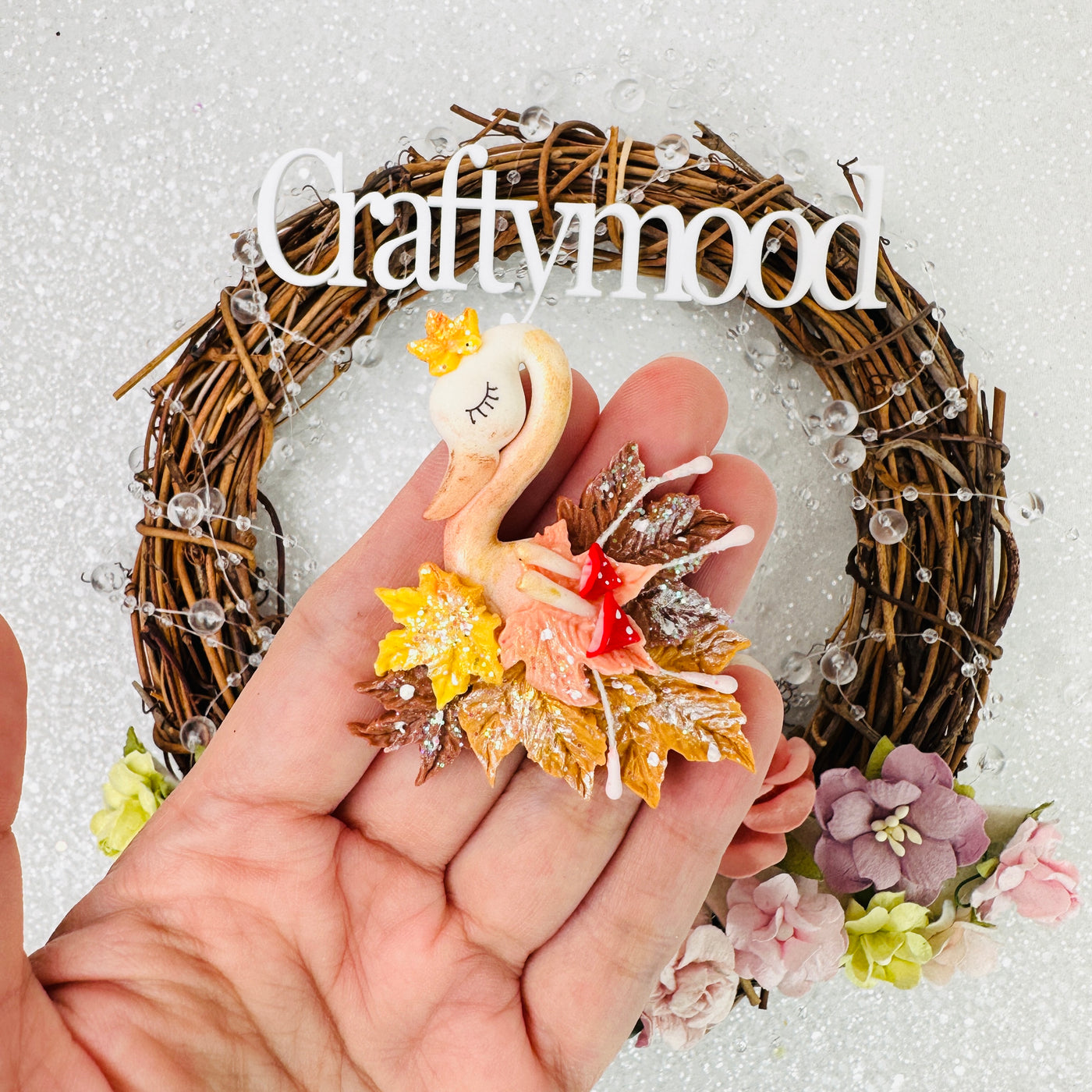 Autumn crowned swan - Handmade Flatback Clay Bow Centre