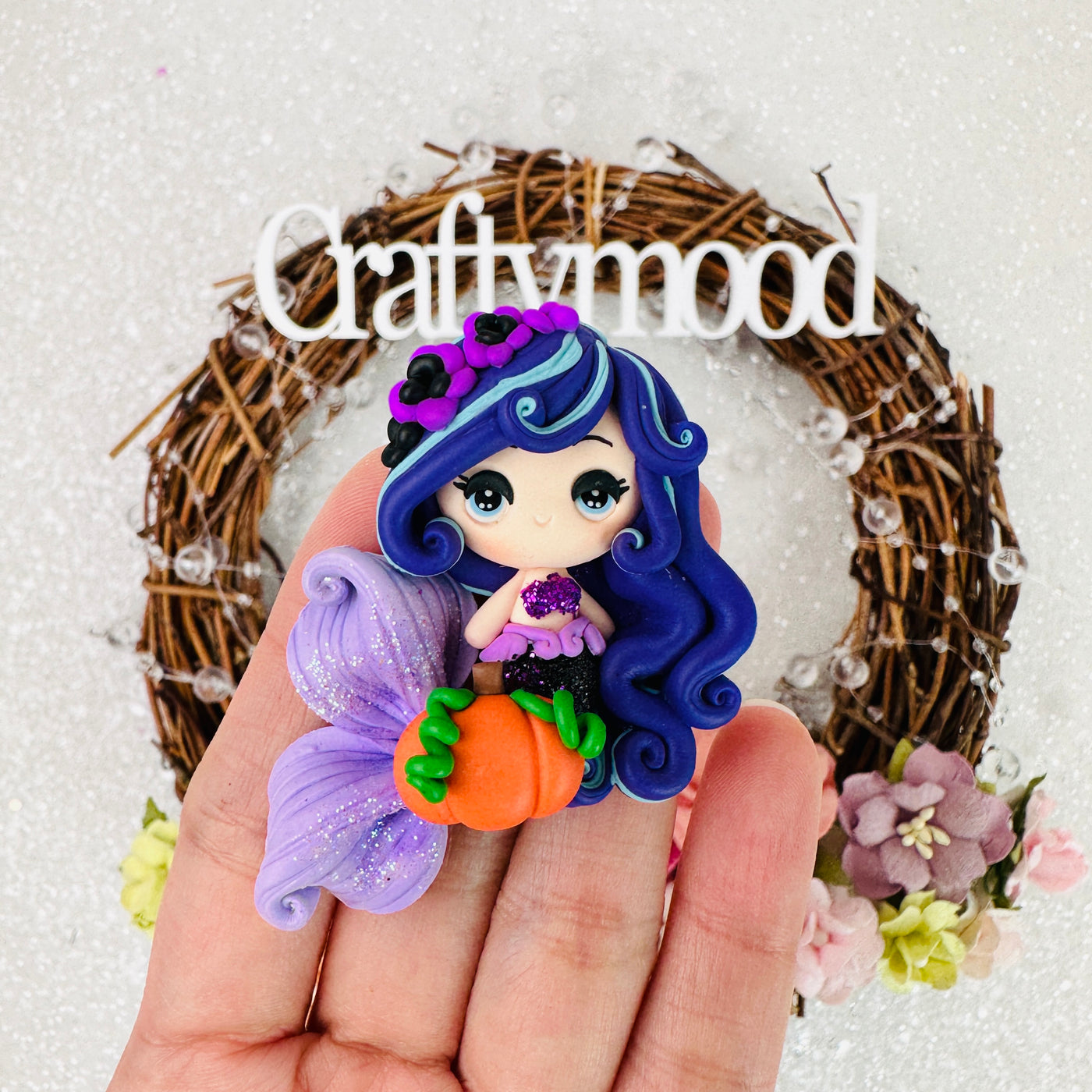 Blue hair mermaid Halloween - Embellishment Clay Bow Centre
