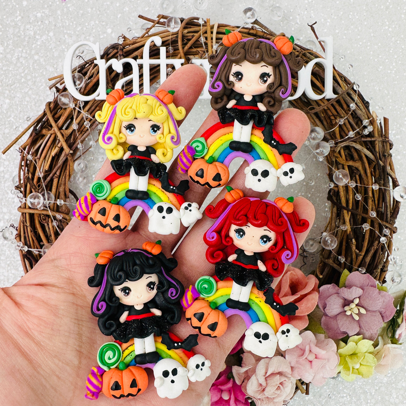 Spooky Halloween rainbow girl - Embellishment Clay Bow Centre