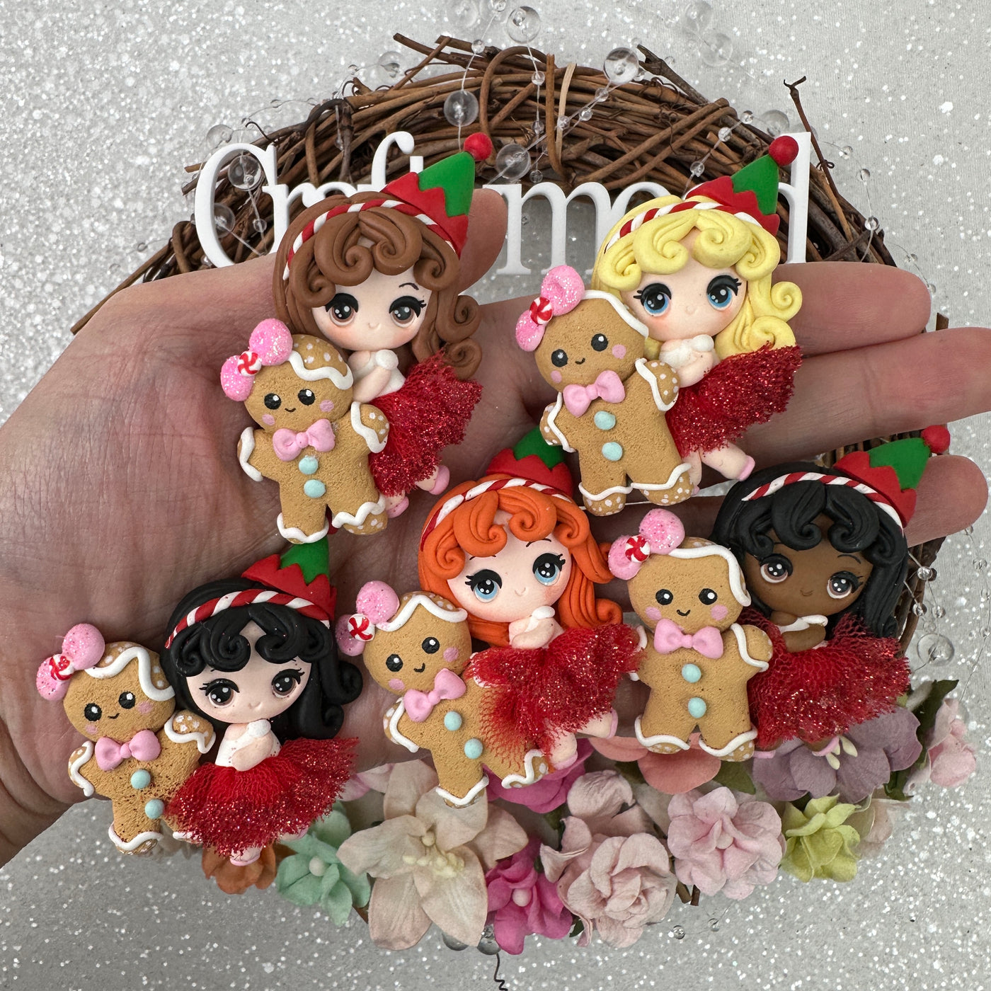 Christmas girl and gingerbread - Handmade Flatback Clay Bow Centre