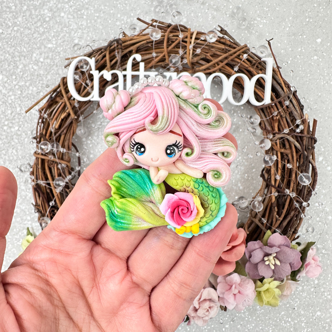 Mermaid girl green yellow tail - Handmade Flatback Clay Bow Centre