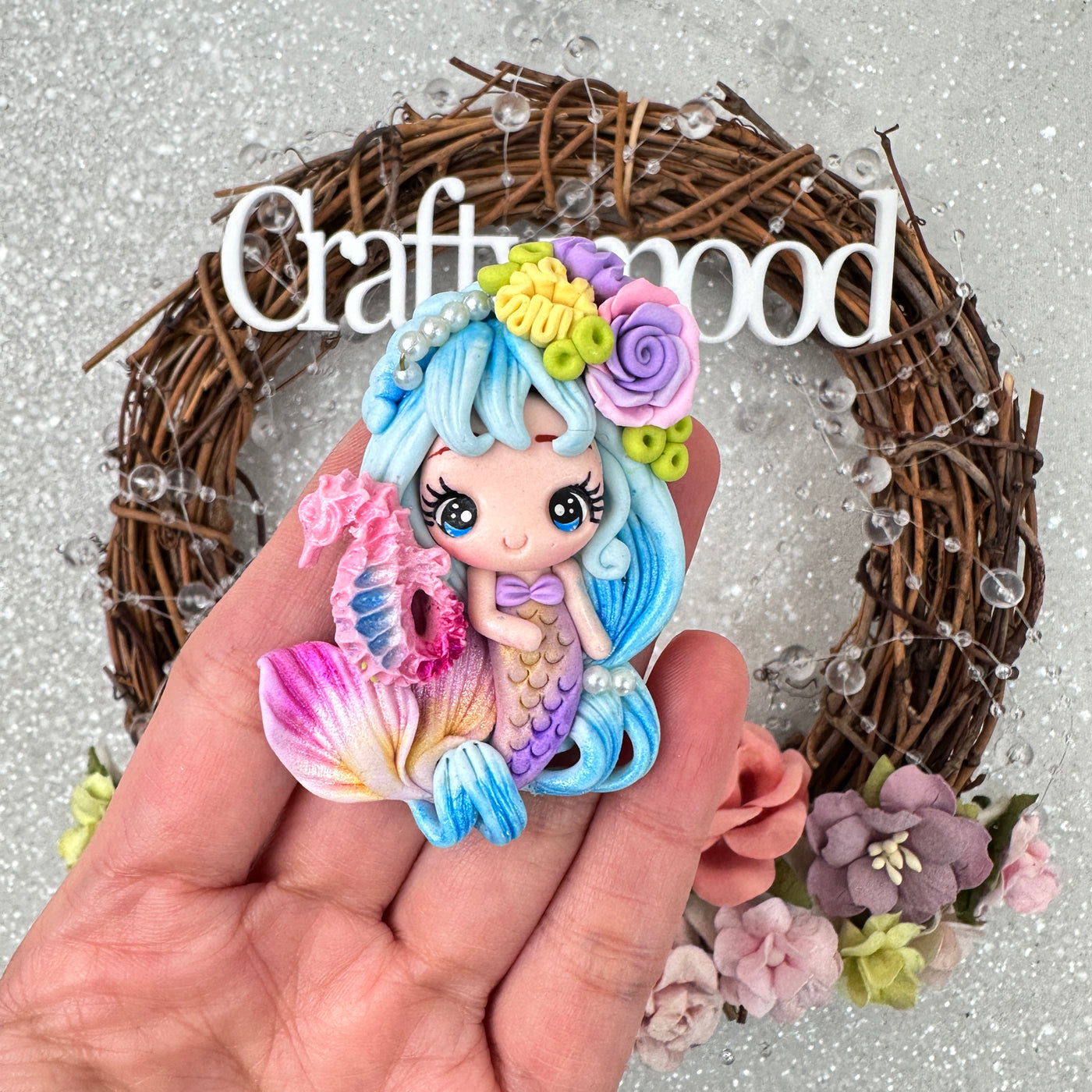 Mermaid ice blue hair and seahorse - Embellishment Clay Bow Centre