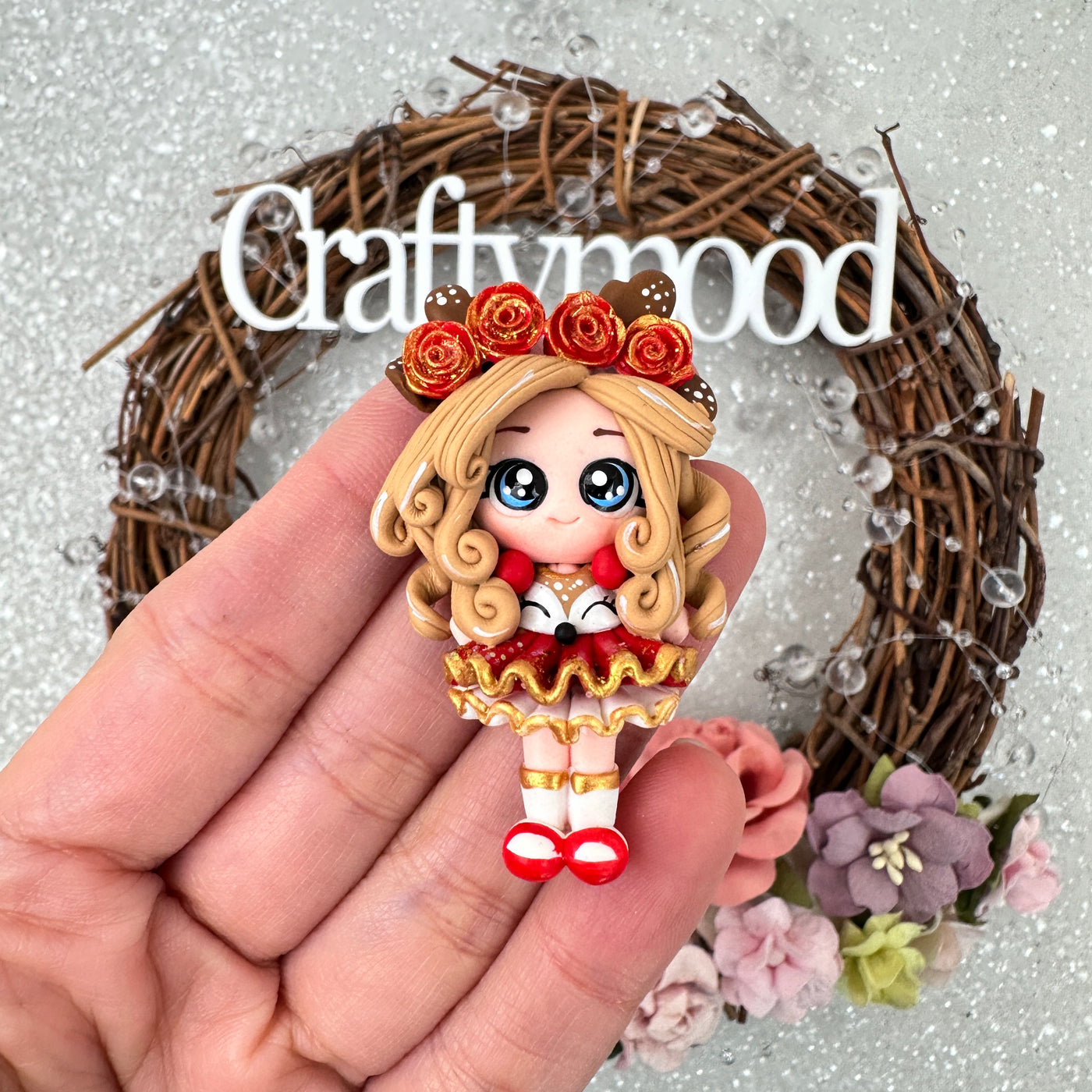 Rose crown red dress girl - Handmade Flatback Clay Bow Centre