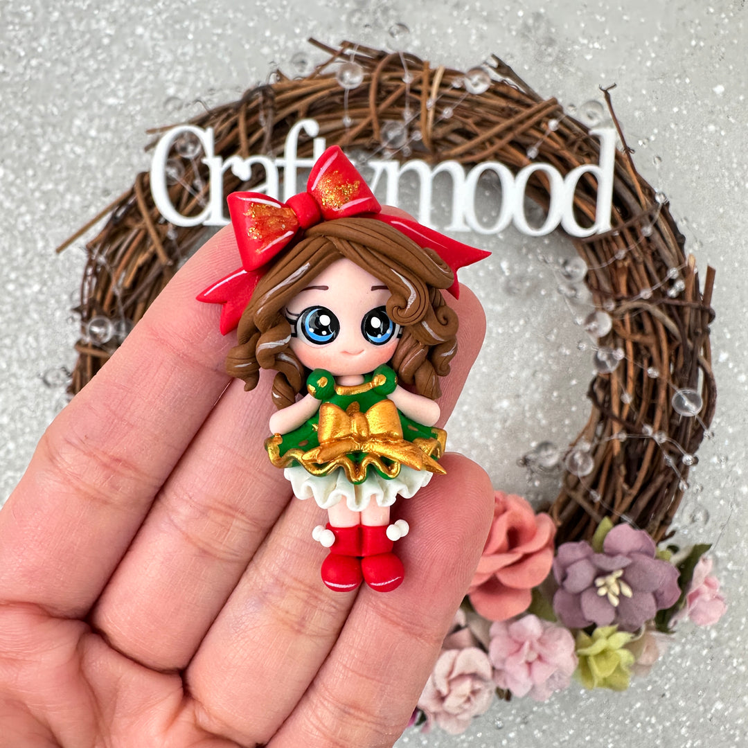 Christmas girl green dress golden red bow - Handmade Flatback Clay Bow Centre