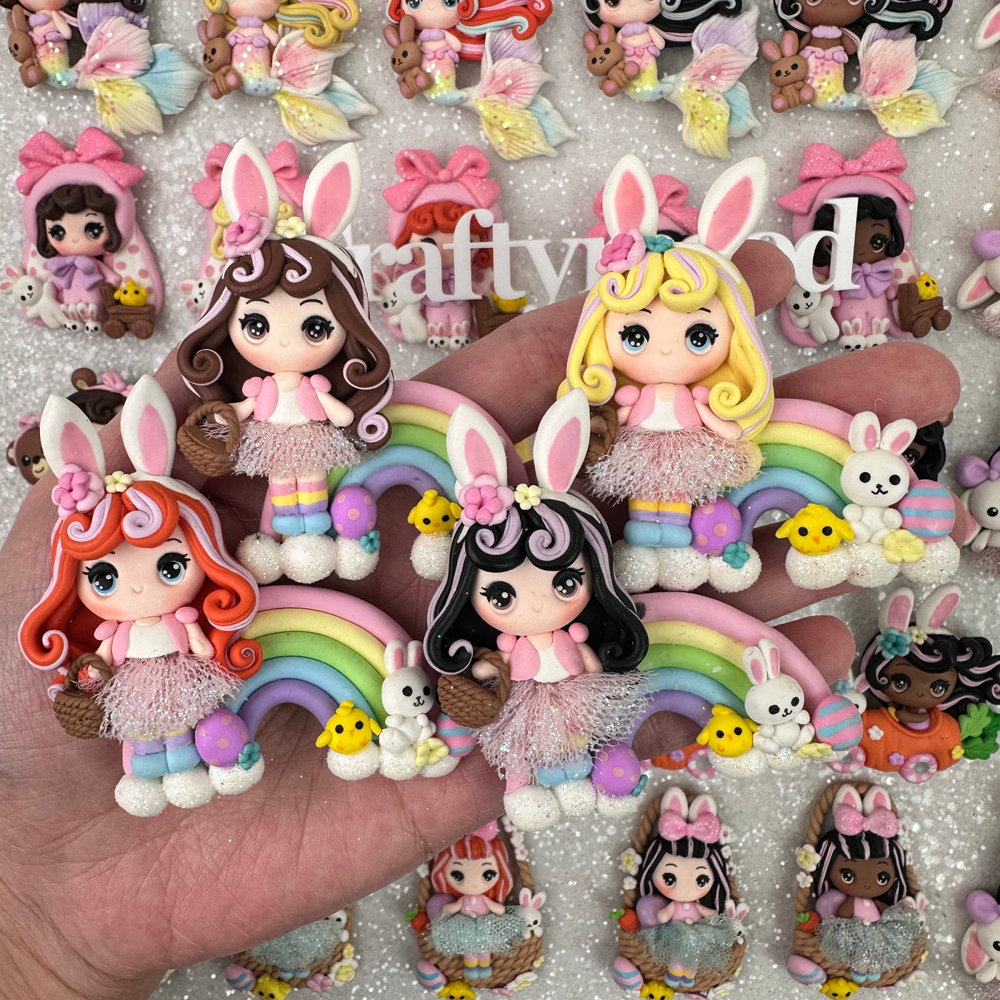 Rainbow girl Easter bunny ear - Embellishment Clay Bow Centre