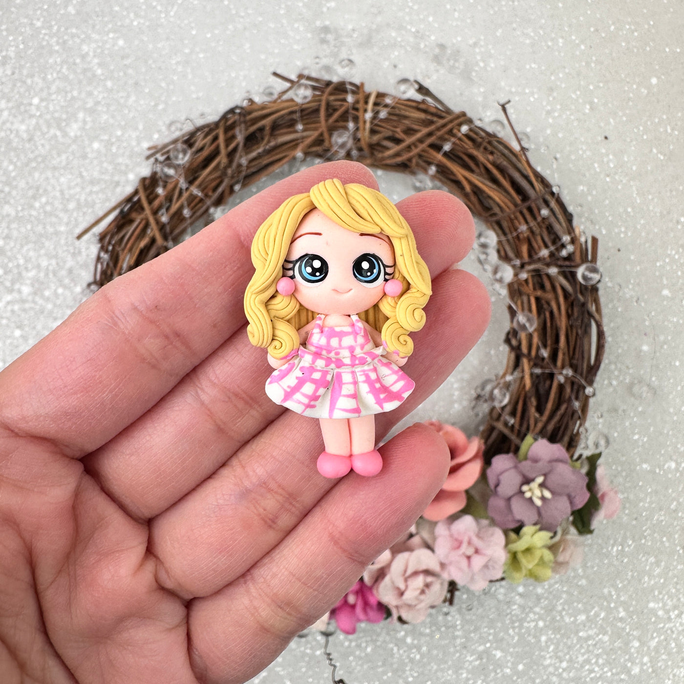 Blonde girl with pink dress - Handmade Flatback Clay Bow Centre