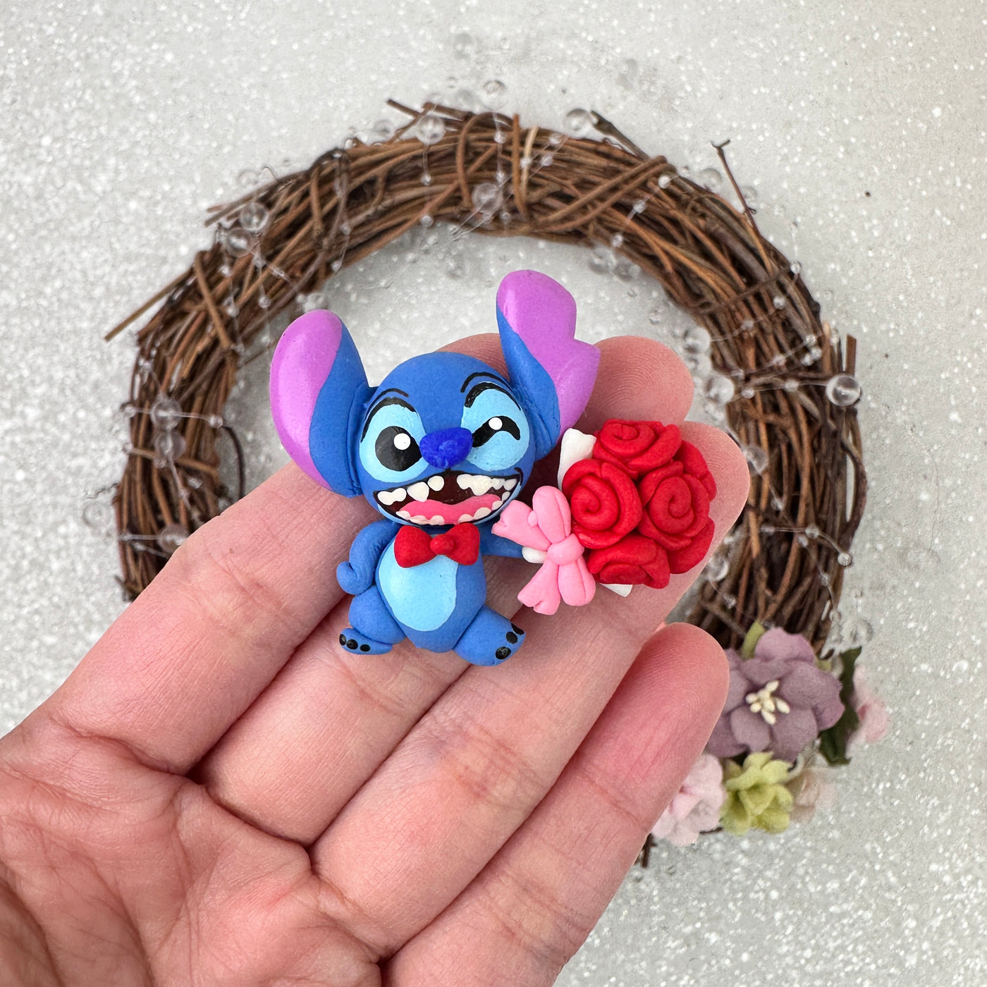 Blue monster and roses - Handmade Flatback Clay Bow Centre
