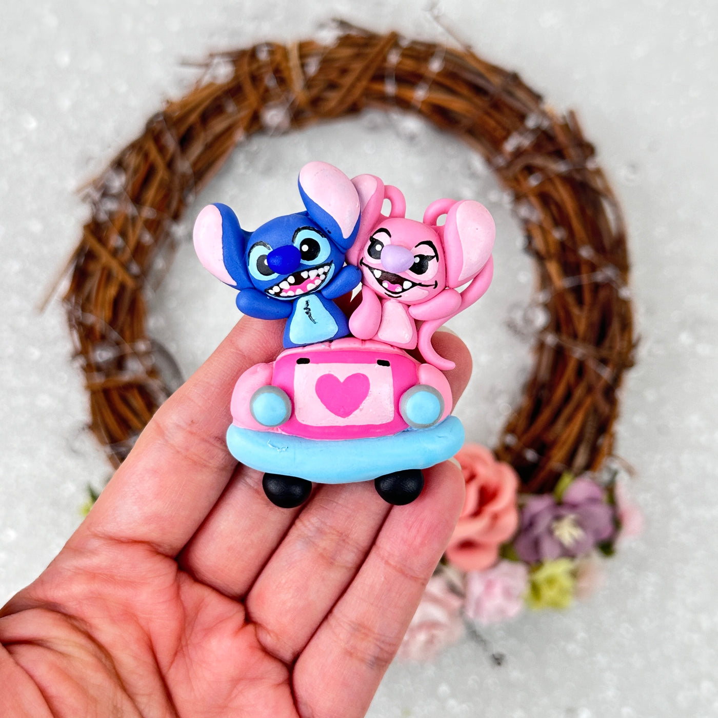 Blue and pink monster on love car - Embellishment Clay Bow Centre