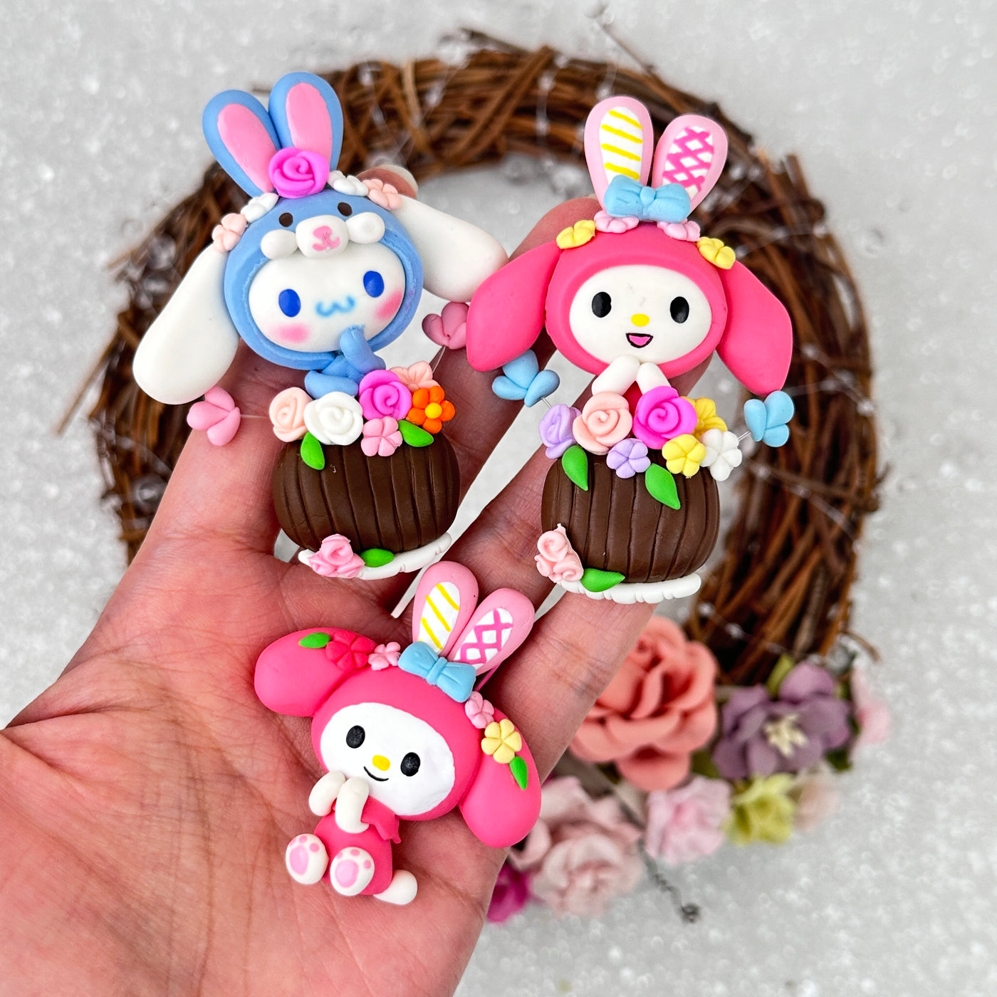 Pink rabbit cutie with flowers - Embellishment Clay Bow Centre