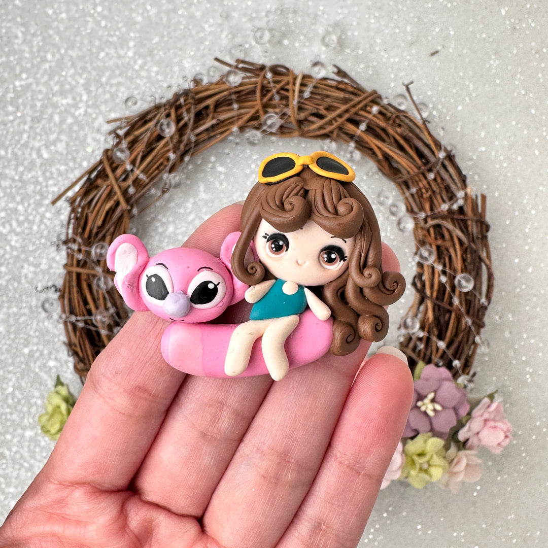 Float girl pink monster - Handmade Flatback Clay Bow Centre