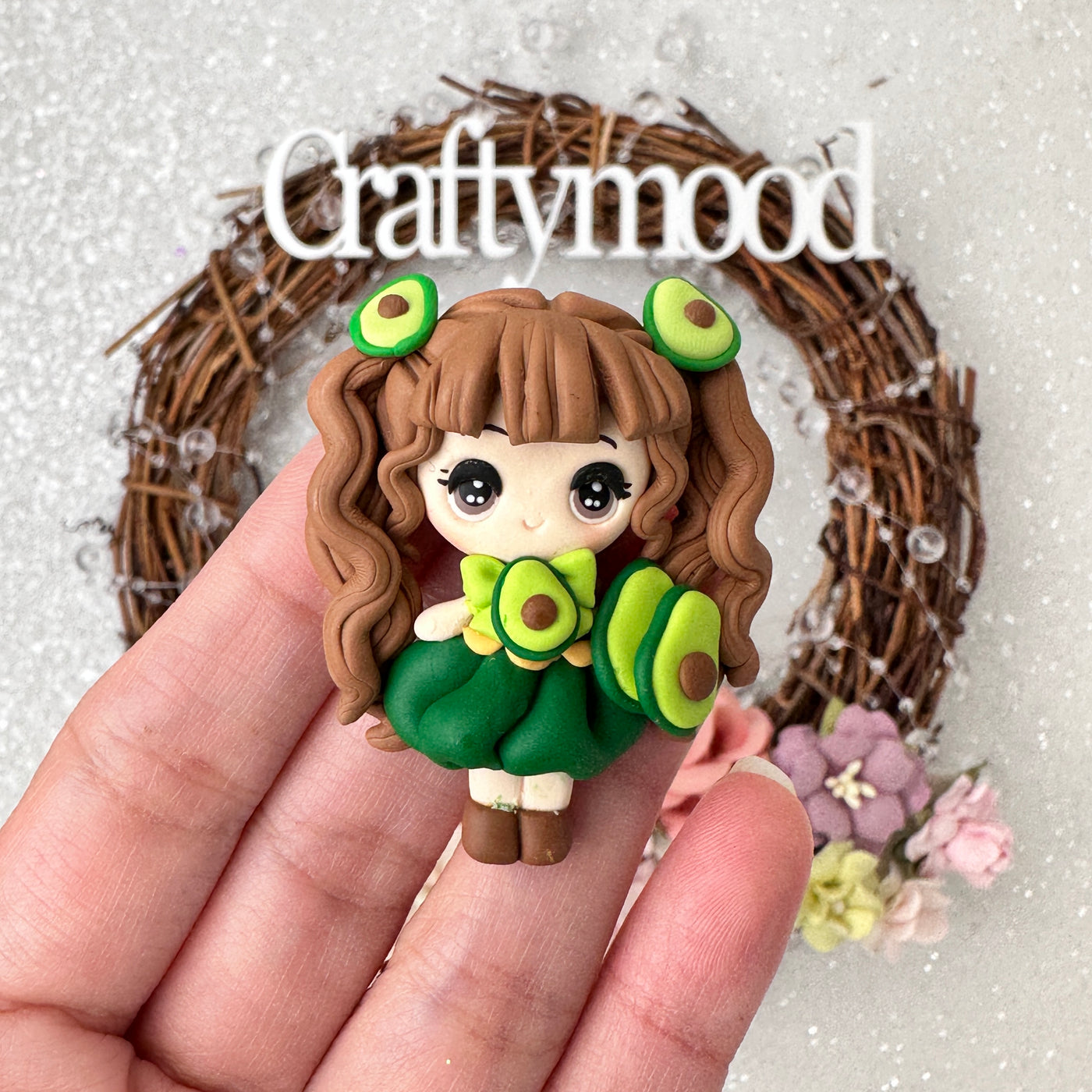 Avocado girl  - Handmade Flatback Clay Bow Centre