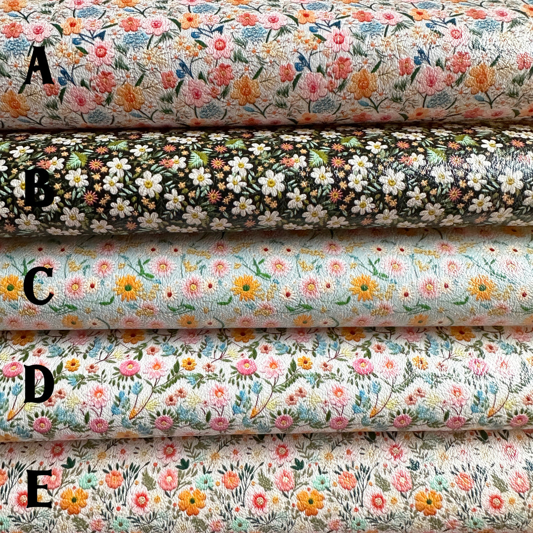 Embroidery floral looks - faux vegan Leather vinyl - canvas - choose Fabric material Sheets