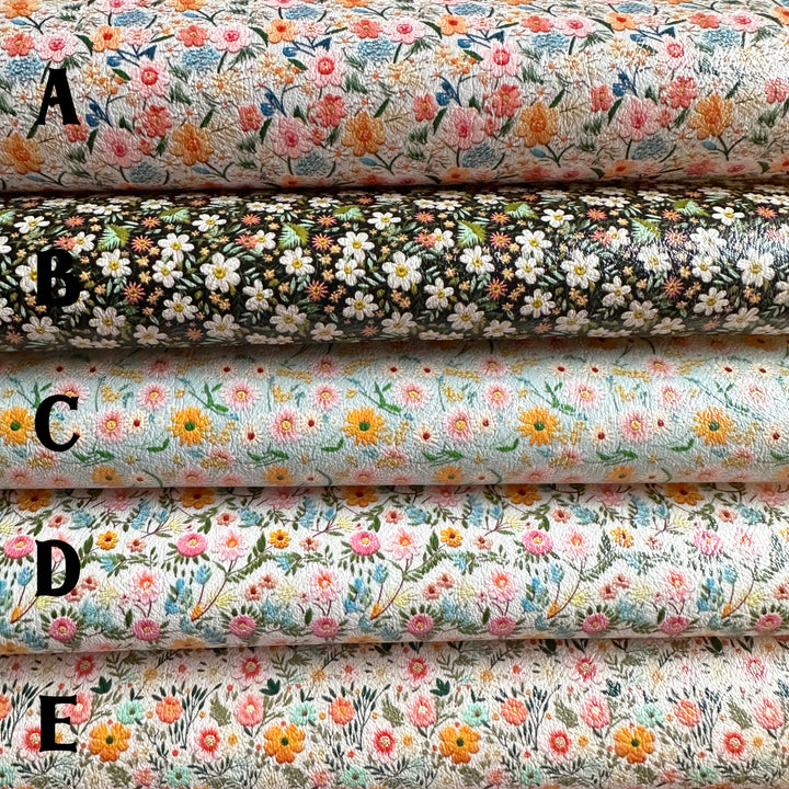 Embroidery floral looks - faux vegan Leather vinyl - canvas - choose Fabric material Sheets