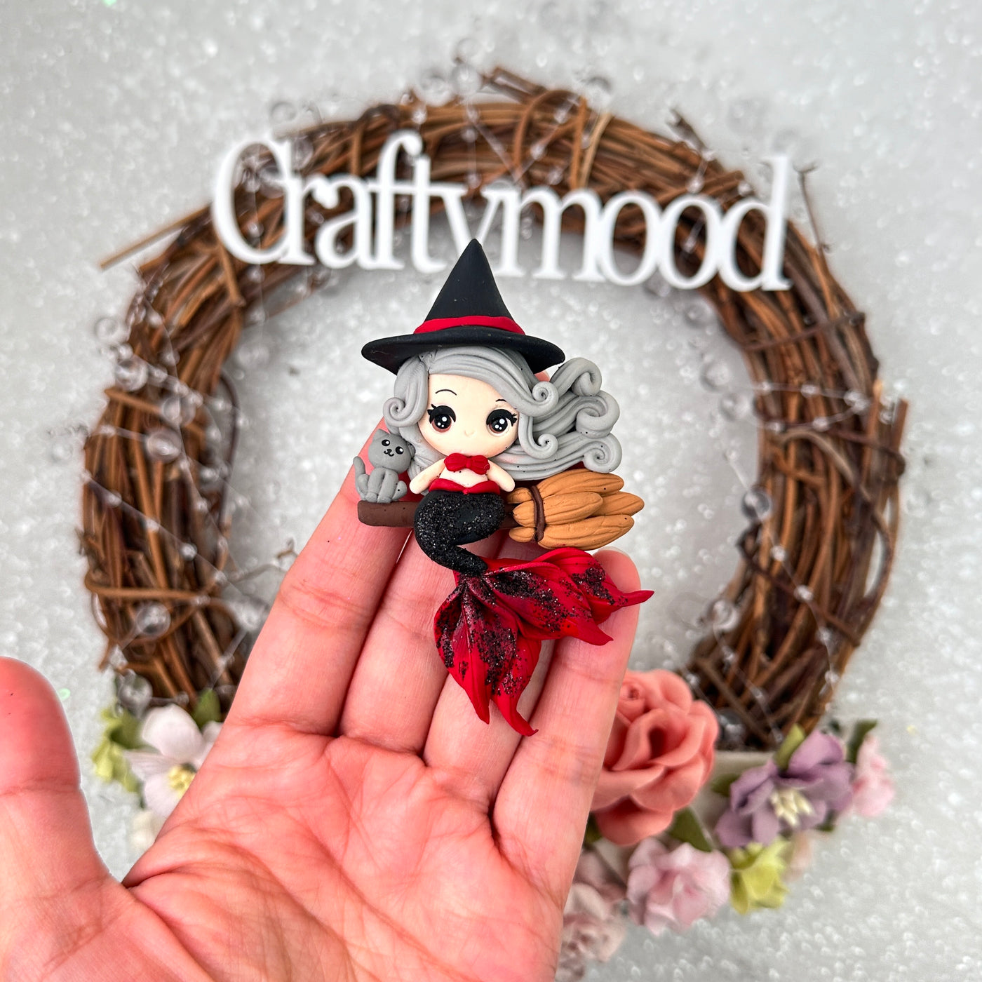 Red tail witch mermaid with broomstick - Embellishment Clay Bow Centre