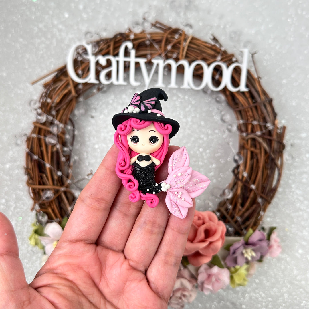 Pink tail black hat witch mermaid - Handmade Flatback Clay Bow Centre