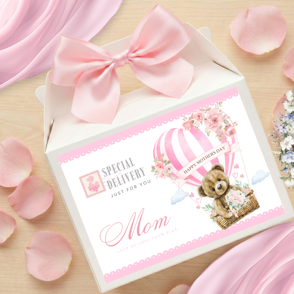 Label Sticker Party treat box - Pink Mothers day bear - Crafty Mood