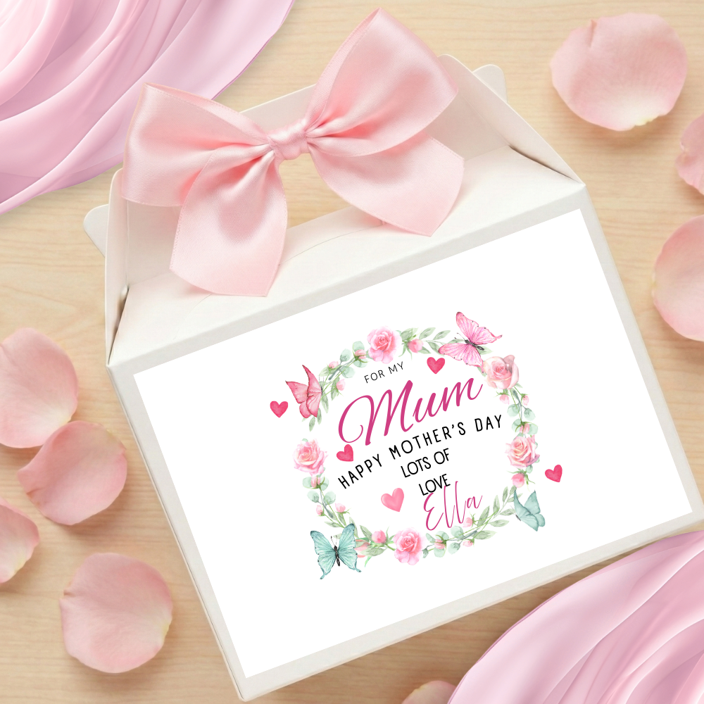 Label Sticker Party treat box - Mothers day pink blue flowers wreath butterfly - Crafty Mood