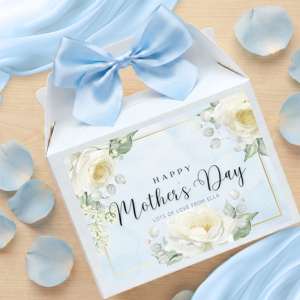 Label Sticker Party treat box - Mothers day white flowers blue - Crafty Mood