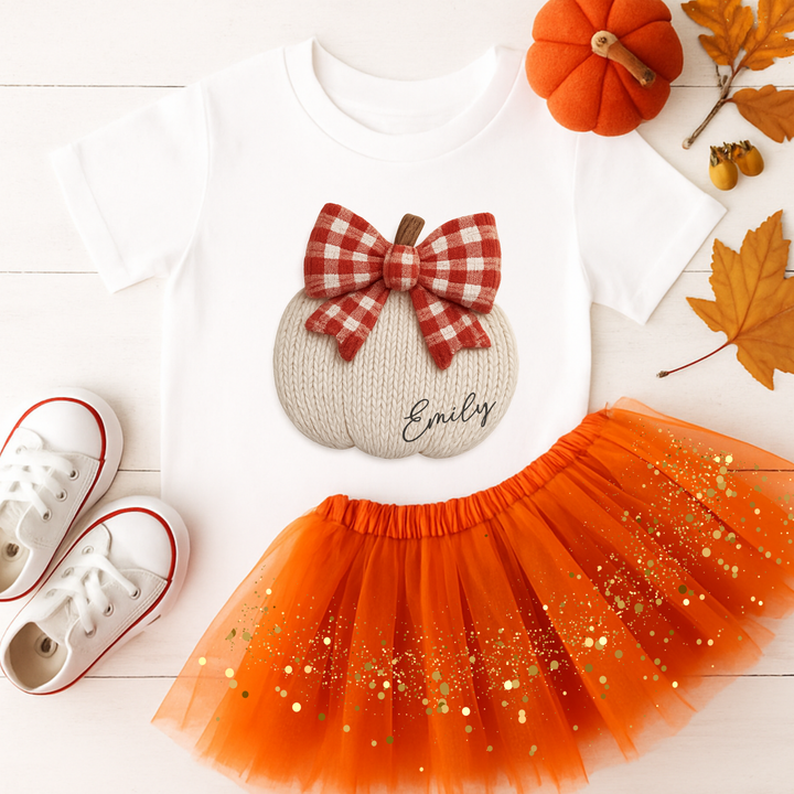 Custom DTF Transfer - Knitted pumpkin red bow personalised - DTF ready to press