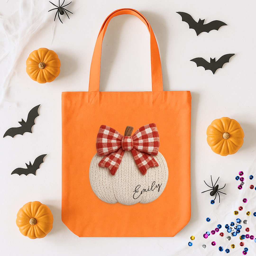 Custom DTF Transfer - Knitted pumpkin red bow personalised - DTF ready to press