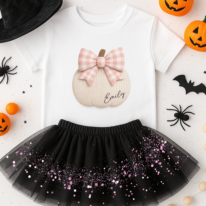 Custom DTF Transfer - Knitted pumpkin pink bow personalised - DTF ready to press