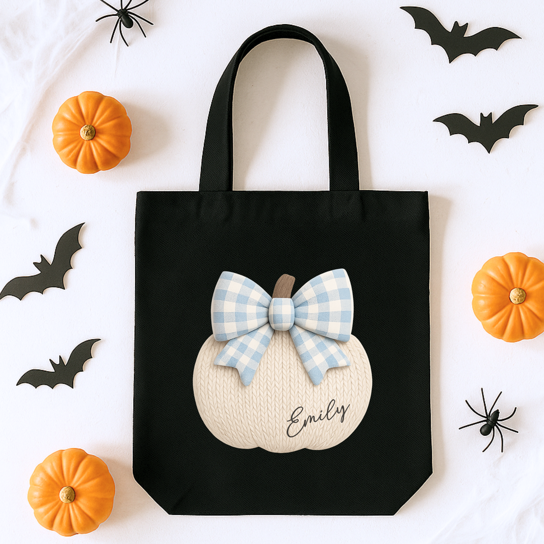 Custom DTF Transfer - Knitted pumpkin blue bow personalised - DTF ready to press