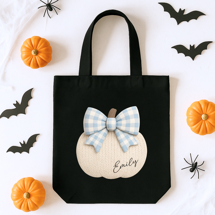 Custom DTF Transfer - Knitted pumpkin blue bow personalised - DTF ready to press