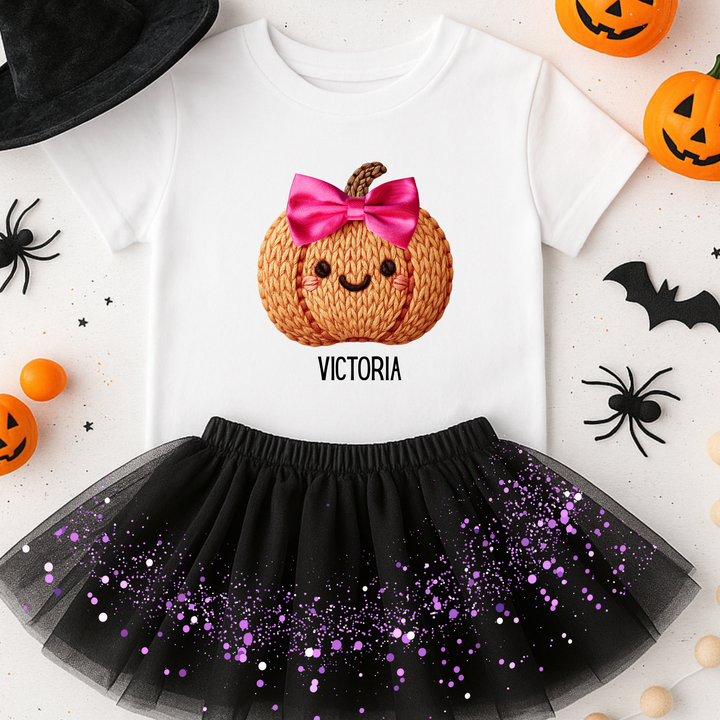 Custom DTF Transfer - Cute knitted orange pumpkin pink bow personalised - DTF ready to press
