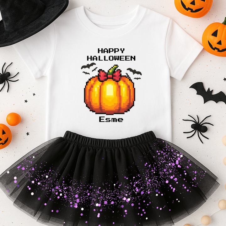 Custom DTF Transfer - Pixel orange pumpkin Halloween pink bow personalised - DTF ready to press