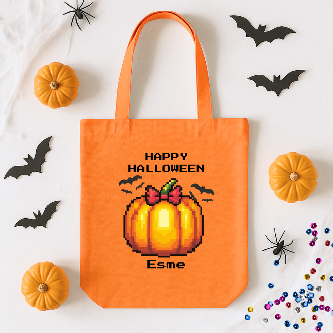 Custom DTF Transfer - Pixel orange pumpkin Halloween pink bow personalised - DTF ready to press