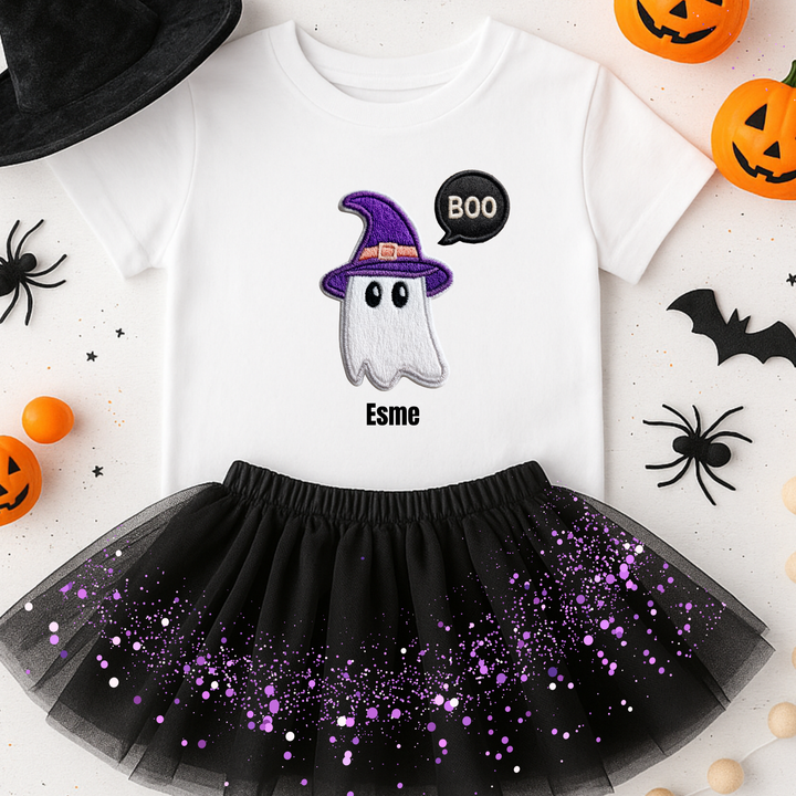Custom DTF Transfer - Cute boo ghost Halloween with purple hat personalised - DTF ready to press