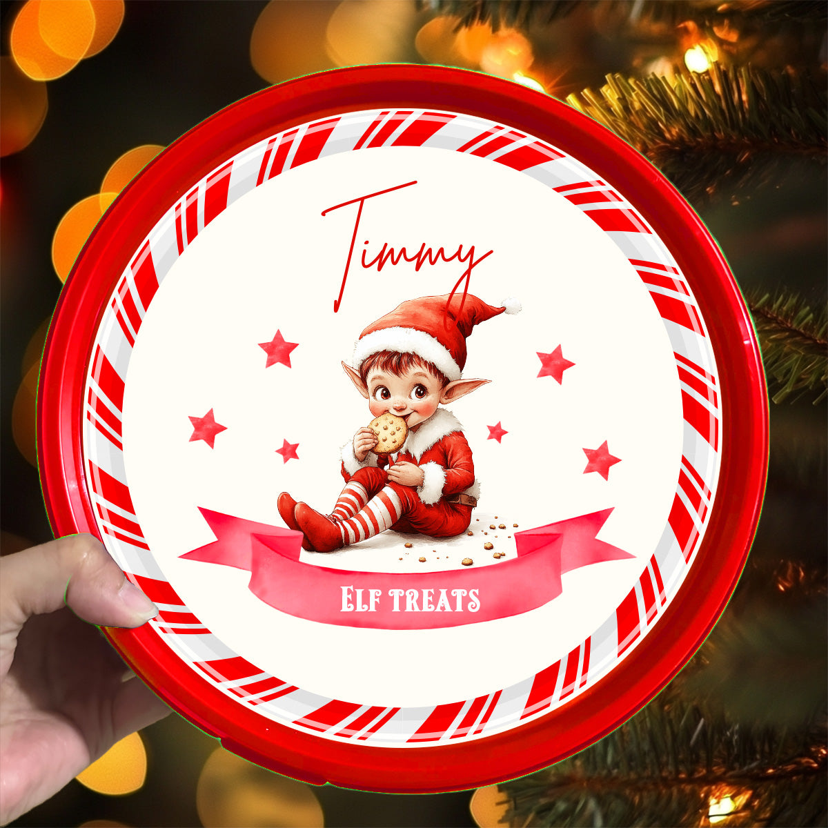 naughty red Elf - Celebrations Elf Chocolate Tub Label Sticker