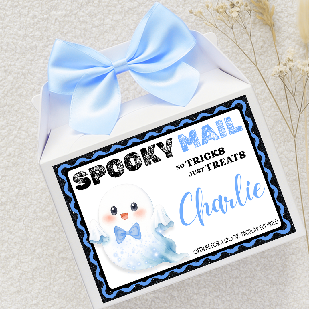 Label Sticker Party treat box - blue spooky mail ghost - halloween