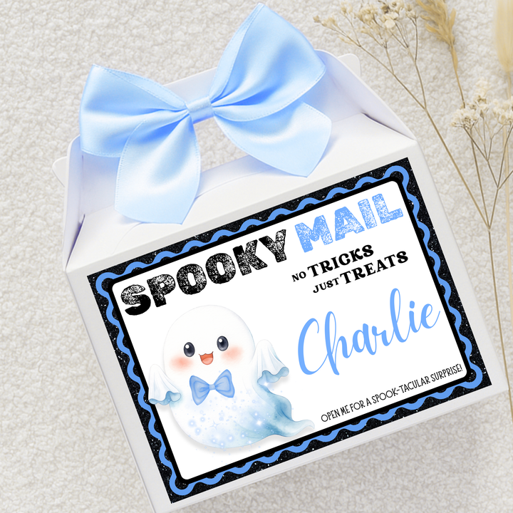 Label Sticker Party treat box - blue spooky mail ghost - halloween